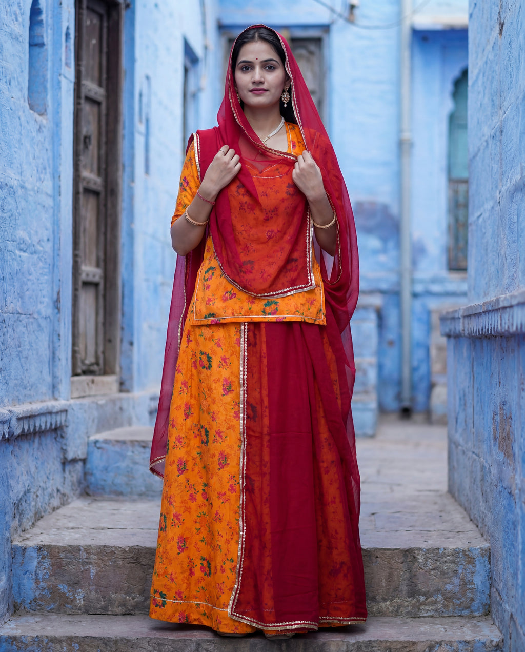 'Kesariya Bagh' - Mustard Yellow Floral Print Rajputi Suit Set + Deep Maroon Odhani
