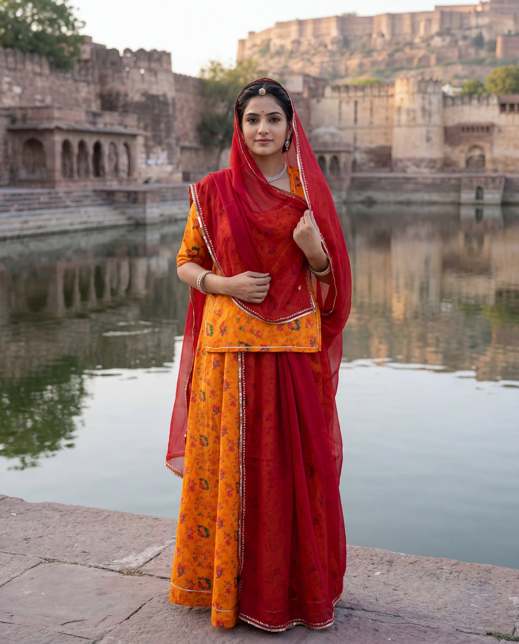 'Kesariya Bagh' - Mustard Yellow Floral Print Rajputi Suit Set + Deep Maroon Odhani