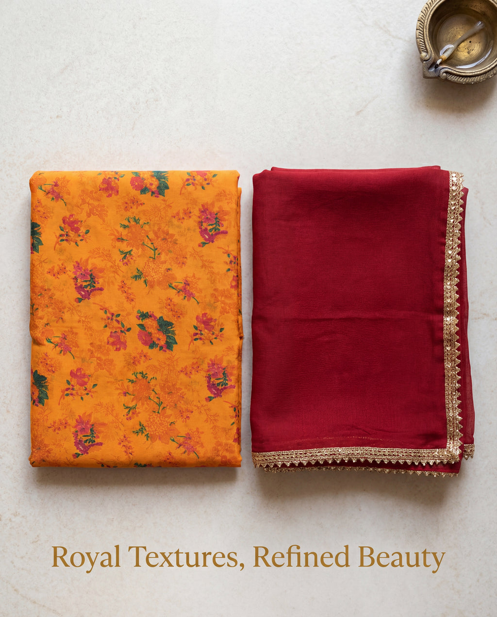 'Kesariya Bagh' - Mustard Yellow Floral Print Rajputi Suit Set + Deep Maroon Odhani