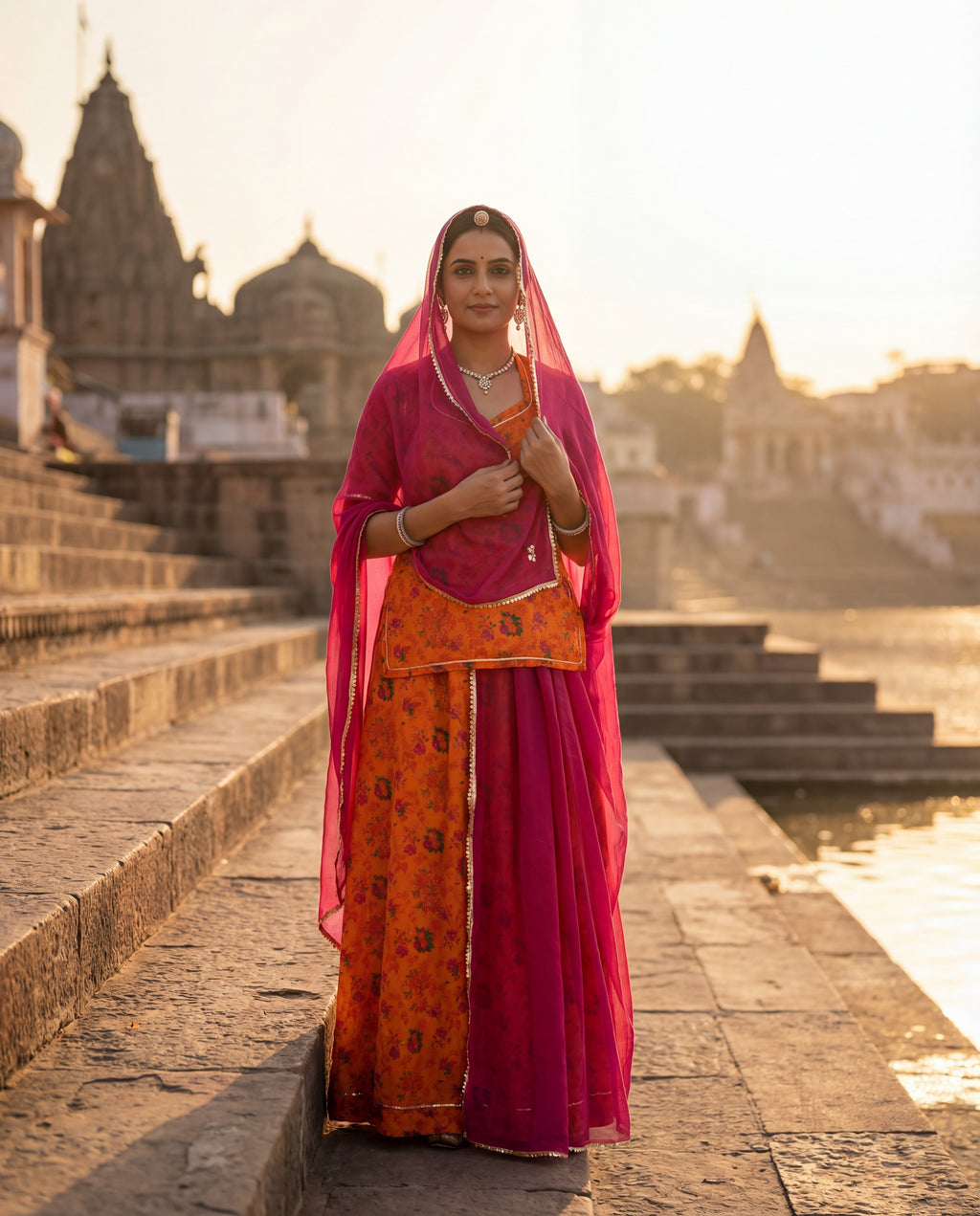 'Kesariya' - Saffron Orange Floral Rajputi Suit Set + Rani Pink Odhani