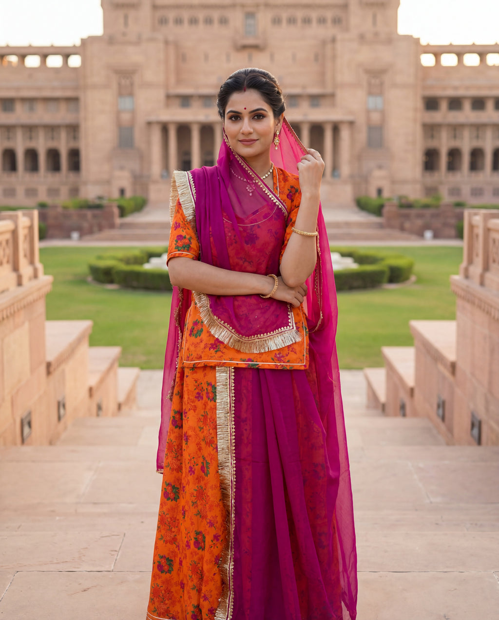 'Kesariya' - Saffron Orange Floral Rajputi Suit Set + Rani Pink Odhani