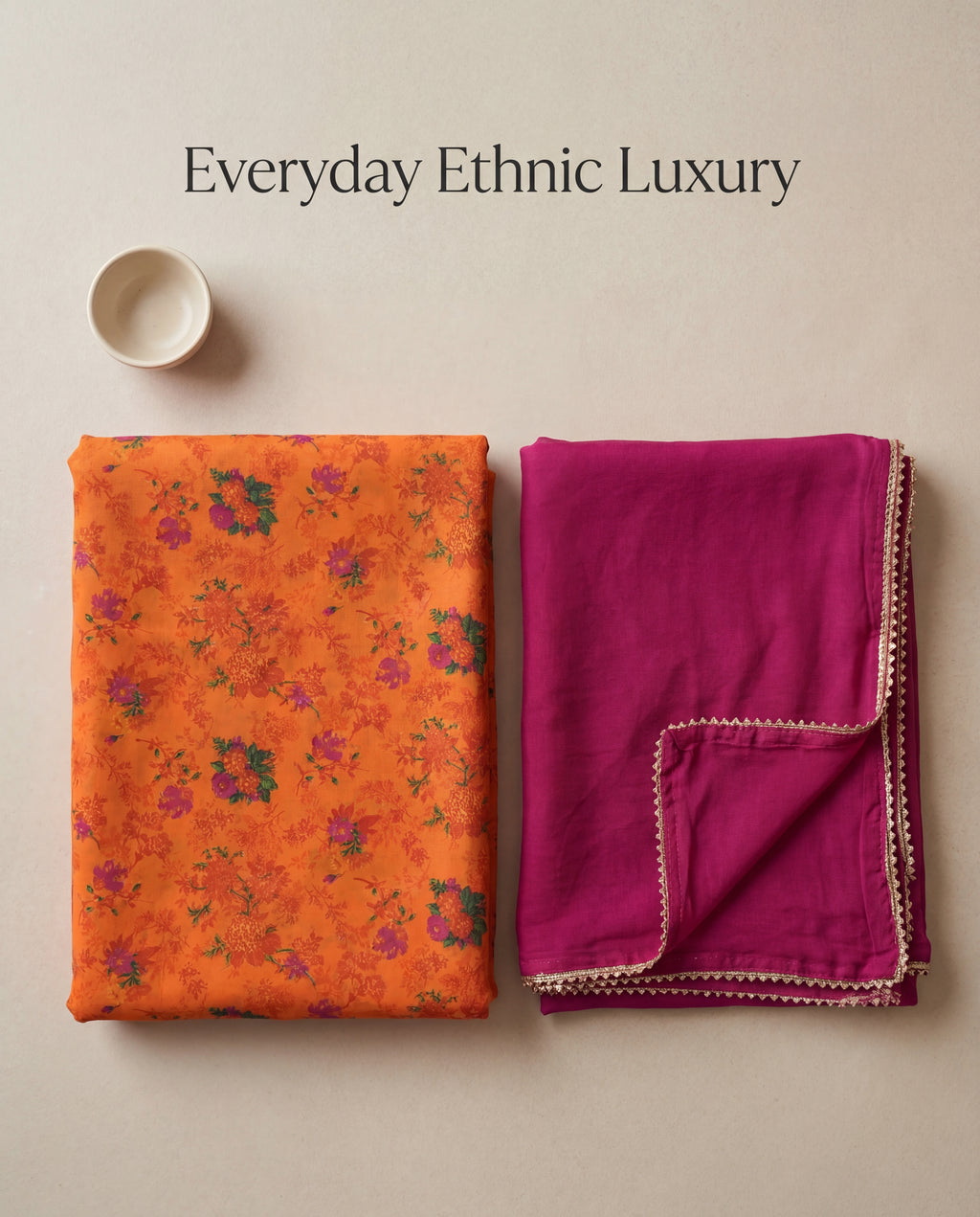 'Kesariya' - Saffron Orange Floral Rajputi Suit Set + Rani Pink Odhani