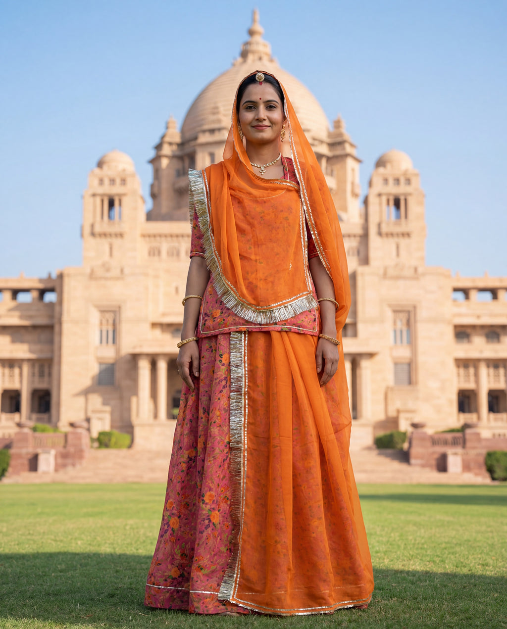 'Kesar Bagh' - Peach & Orange Floral Rajputi Suit Set + Bright Orange Odhani