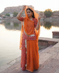 'Kesar Bagh' - Peach & Orange Floral Rajputi Suit Set + Bright Orange Odhani