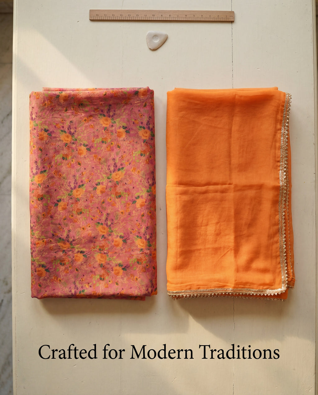 'Kesar Bagh' - Peach & Orange Floral Rajputi Suit Set + Bright Orange Odhani
