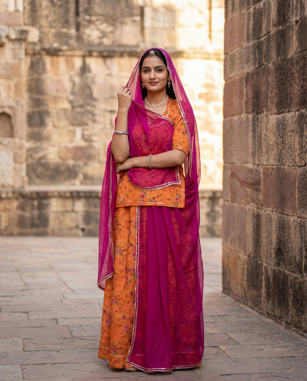 'Kesariya' - Tangerine Orange Floral Rajputi Suit Set + Rani Pink Odhani