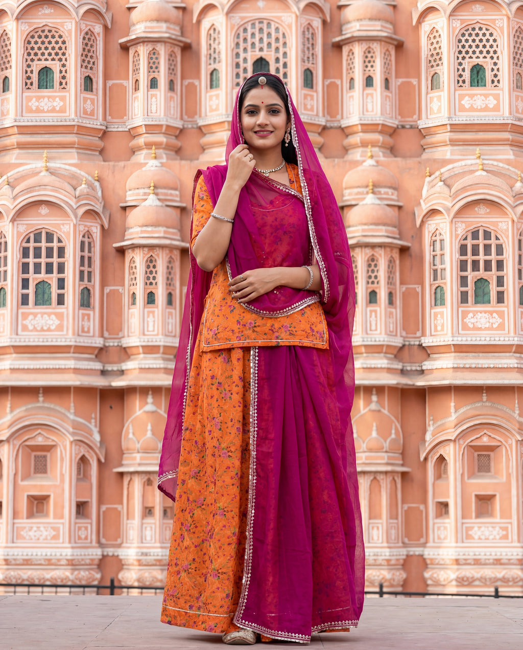 'Kesariya' - Tangerine Orange Floral Rajputi Suit Set + Rani Pink Odhani