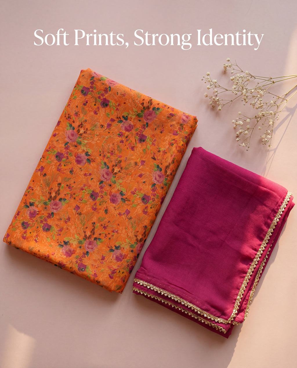 'Kesariya' - Tangerine Orange Floral Rajputi Suit Set + Rani Pink Odhani