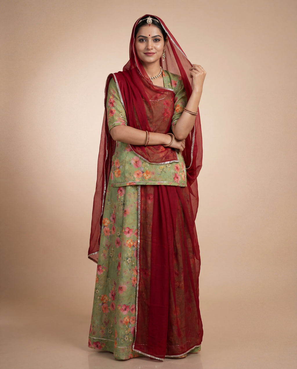 'Panna' - Pista Green Floral Print Rajputi Suit Set + Deep Red Odhani