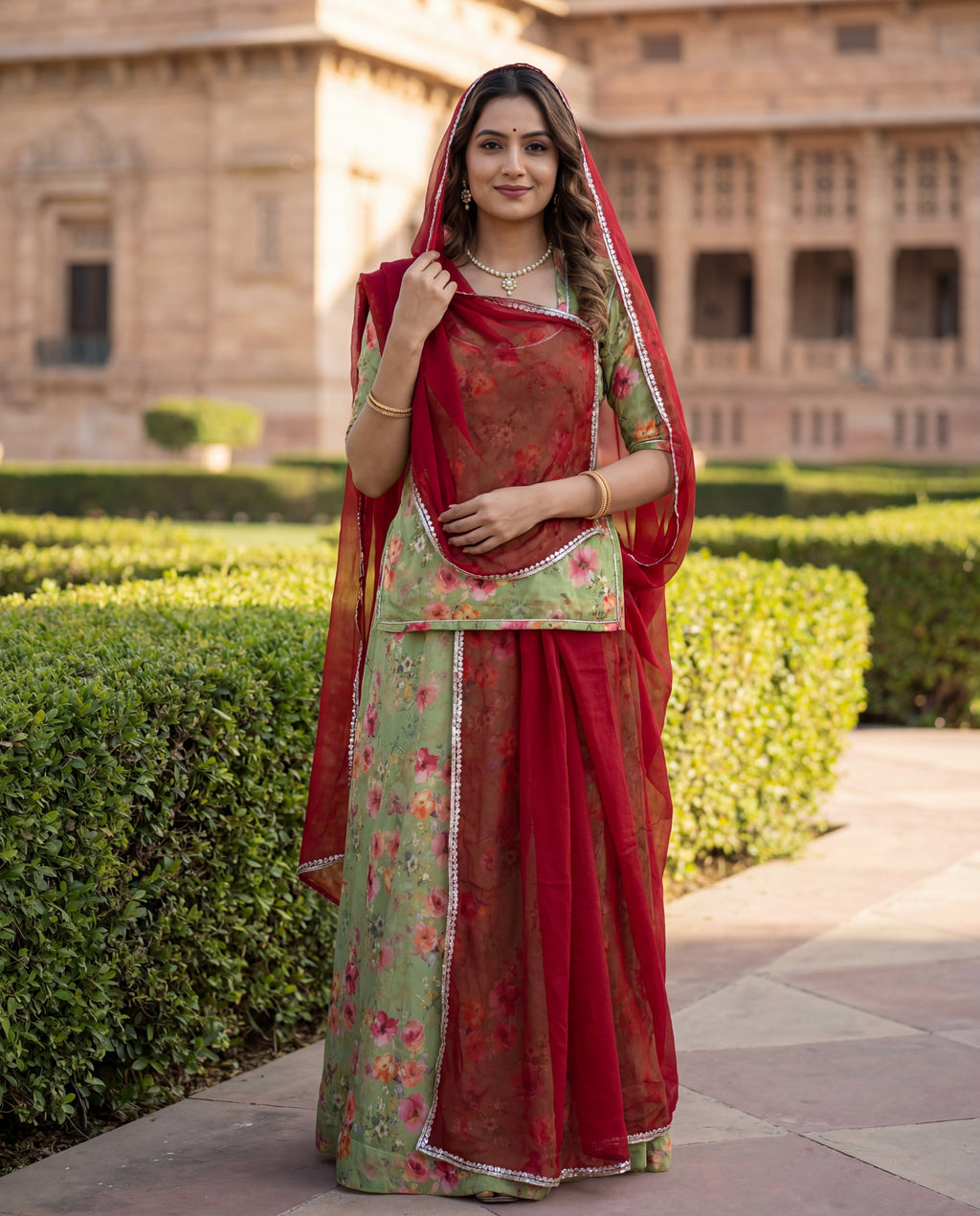 'Panna' - Pista Green Floral Print Rajputi Suit Set + Deep Red Odhani