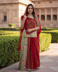 'Panna' - Pista Green Floral Print Rajputi Suit Set + Deep Red Odhani