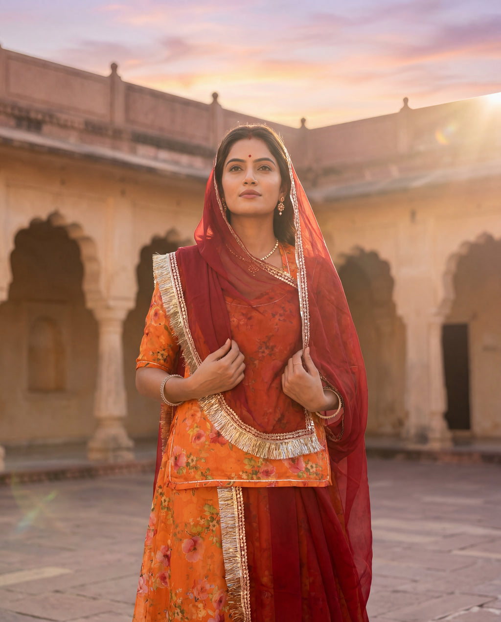 'Kesariya' - Vibrant Orange Floral Print Rajputi Suit Set + Deep Maroon Odhani