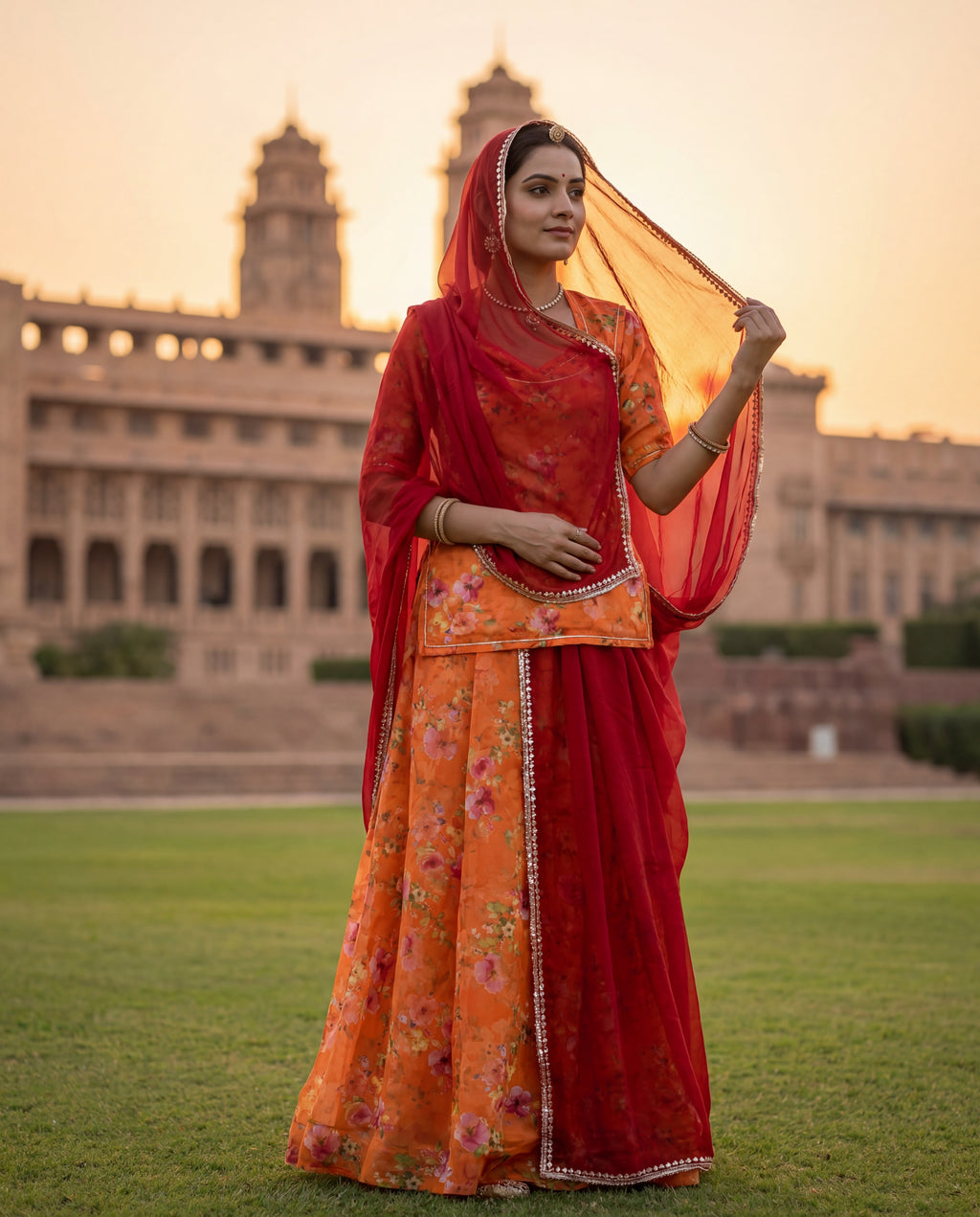 'Kesariya' - Vibrant Orange Floral Print Rajputi Suit Set + Deep Maroon Odhani