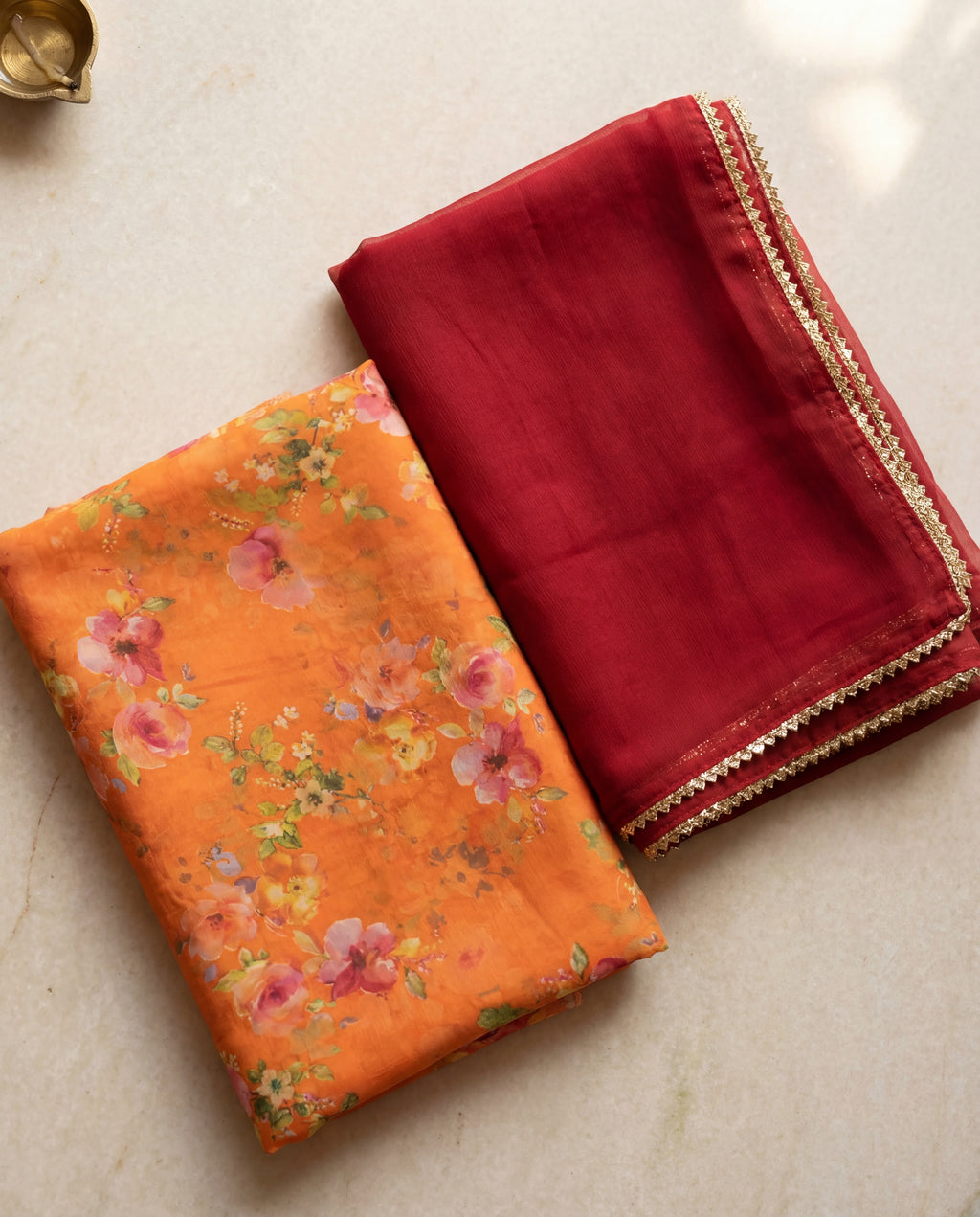 'Kesariya' - Vibrant Orange Floral Print Rajputi Suit Set + Deep Maroon Odhani