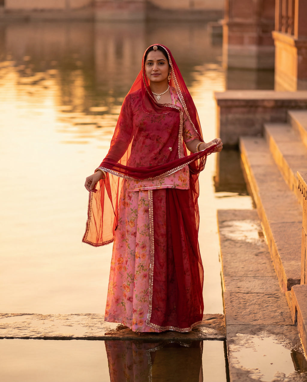 'Gulaabo' - Blush Pink Floral Rajputi Suit Set + Deep Red Odhani