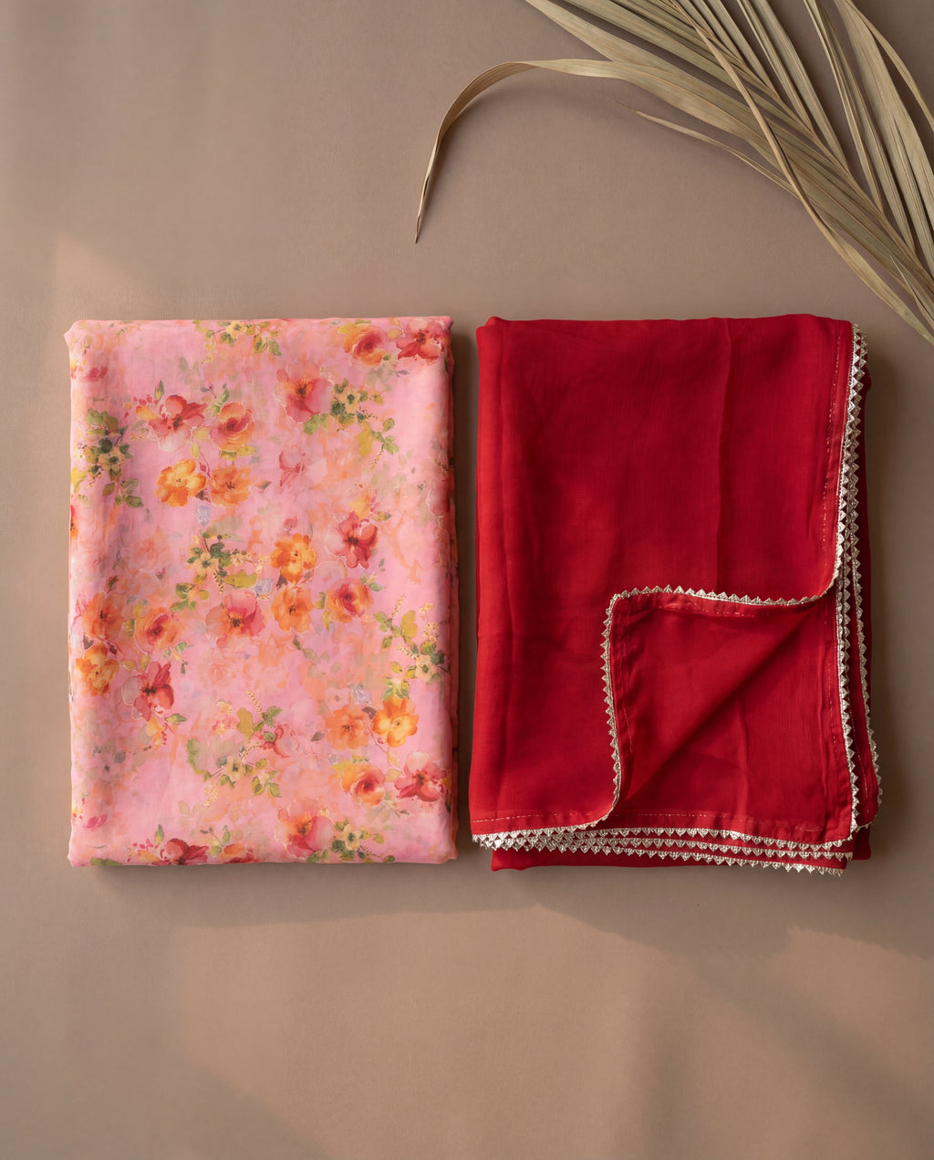 'Gulaabo' - Blush Pink Floral Rajputi Suit Set + Deep Red Odhani