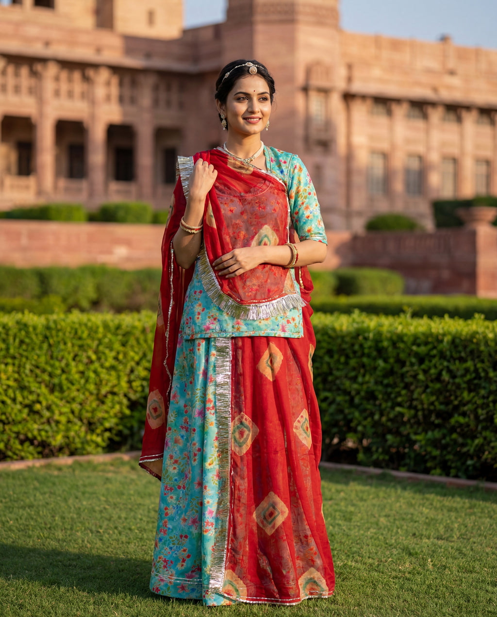 'Firoza' - Sea Green Floral Print Rajputi Suit Set + Maroon Bandhani Pattern Odhani