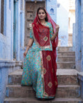 'Firoza' - Sea Green Floral Print Rajputi Suit Set + Maroon Bandhani Pattern Odhani