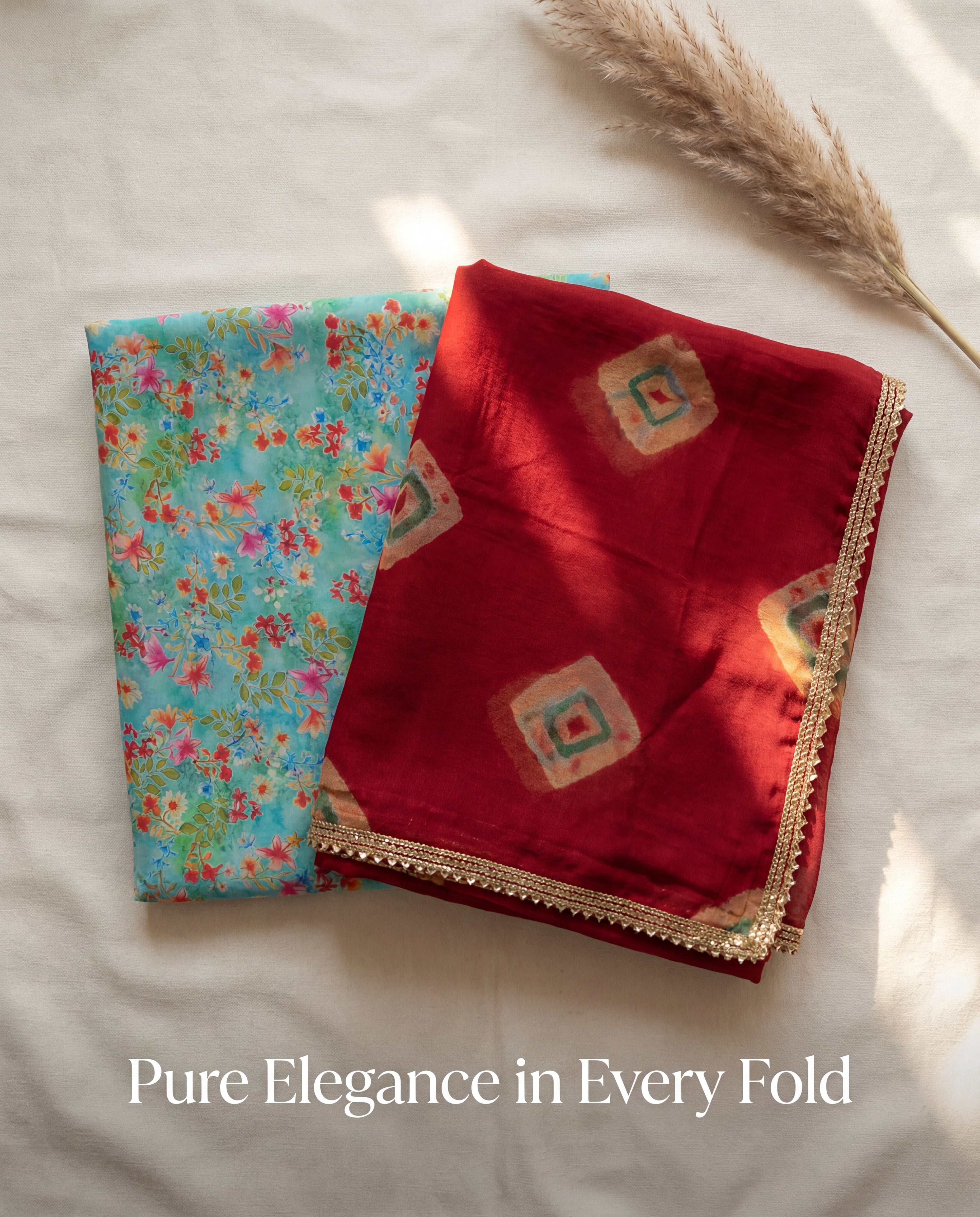 'Firoza' - Sea Green Floral Print Rajputi Suit Set + Maroon Bandhani Pattern Odhani