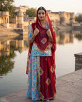 'Neelam' - Sky Blue Floral Print Rajputi Suit Set + Deep Red Odhani