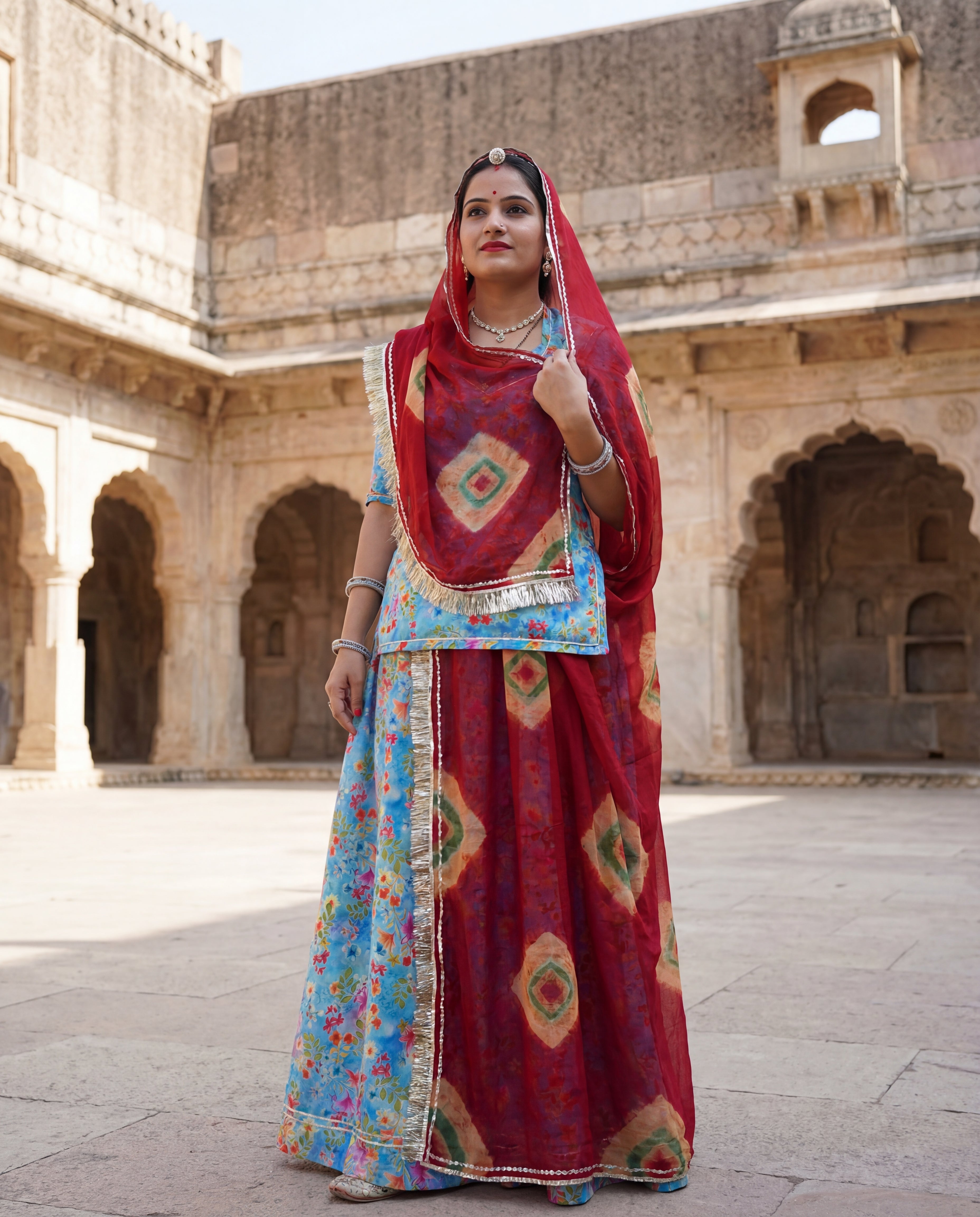 'Neelam' - Sky Blue Floral Print Rajputi Suit Set + Deep Red Odhani