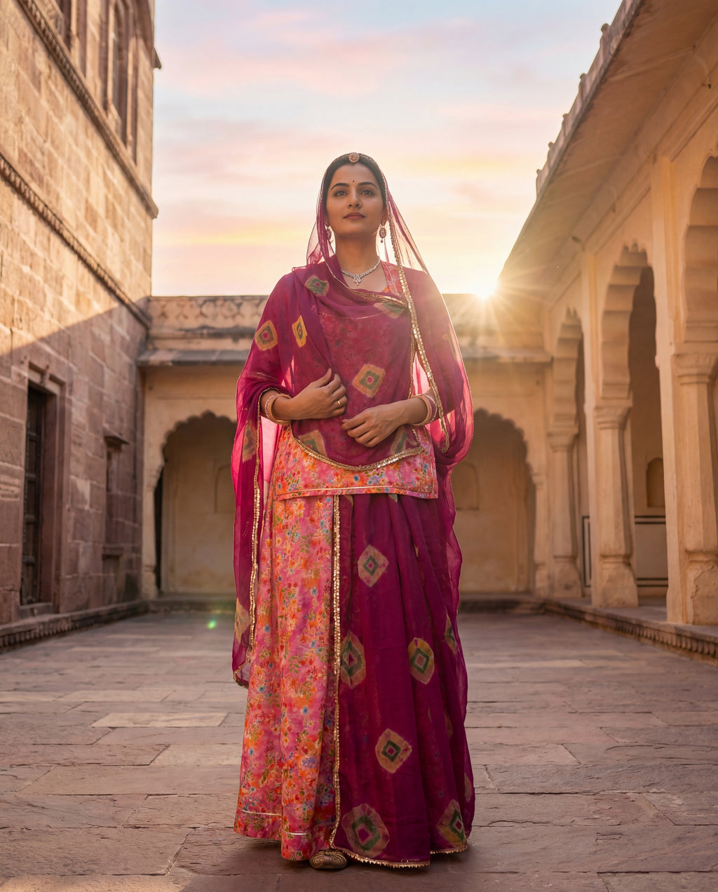'Gul-Bagh' - Hot Pink Floral Print Rajputi Suit Set + Deep Rani Shibori Odhani
