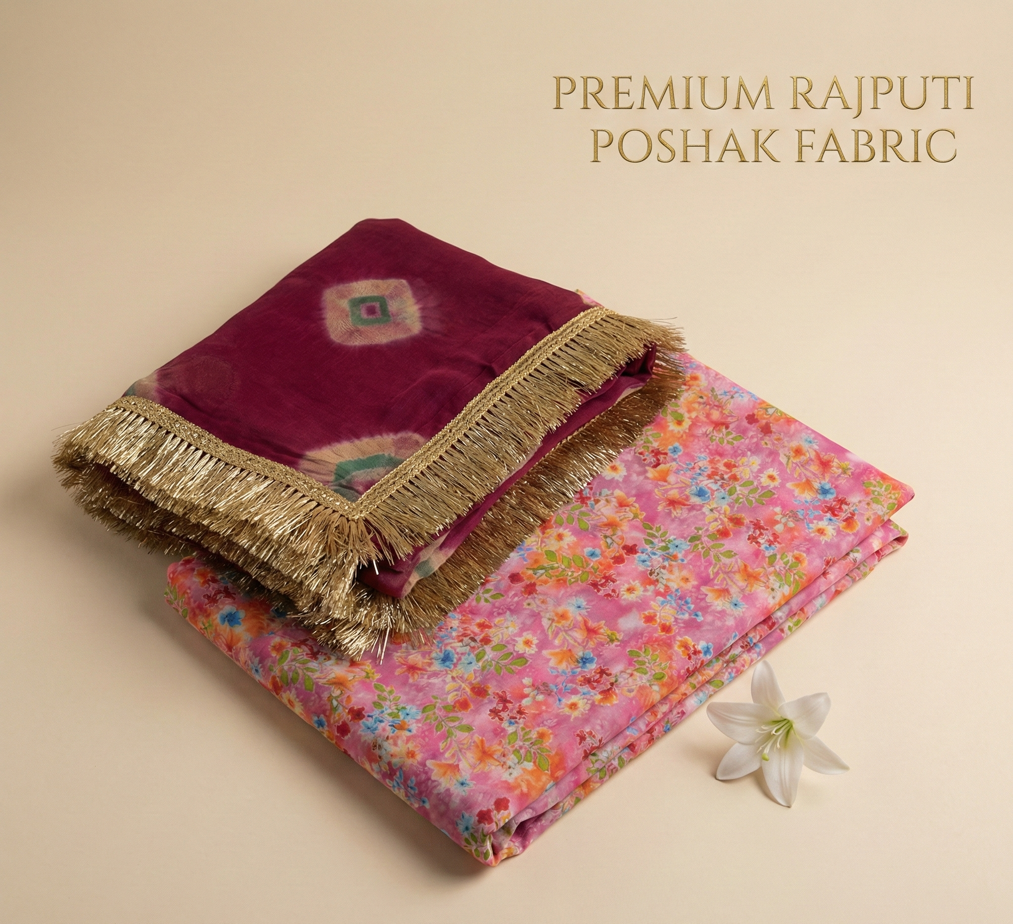 'Gul-Bagh' - Hot Pink Floral Print Rajputi Suit Set + Deep Rani Shibori Odhani