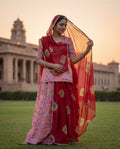 'Gulaabo' - Pink Floral Print Rajputi Suit Set + Deep Maroon Patterned Odhani