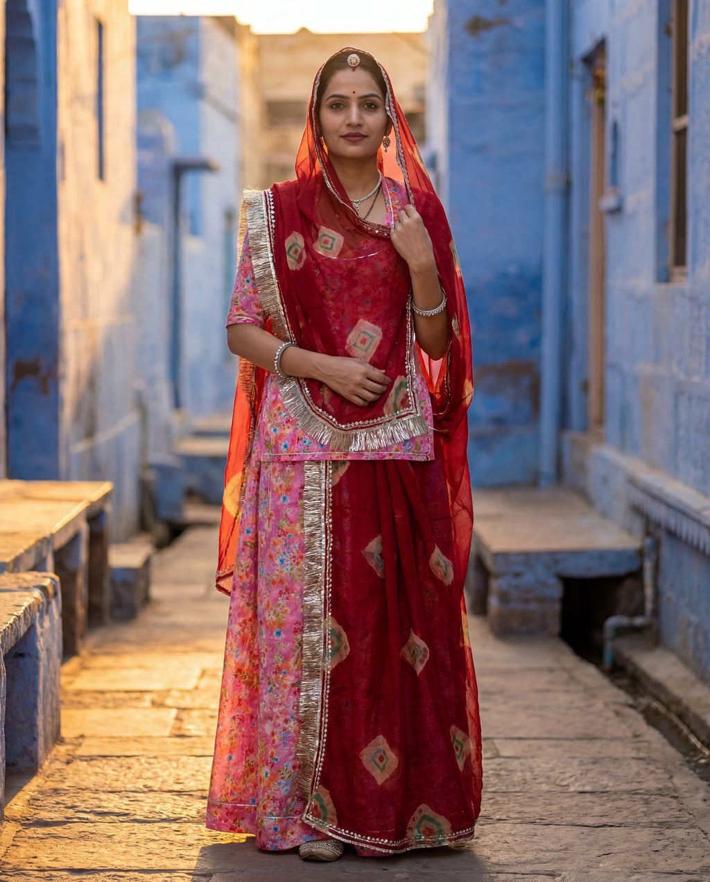 'Gulaabo' - Pink Floral Print Rajputi Suit Set + Deep Maroon Patterned Odhani