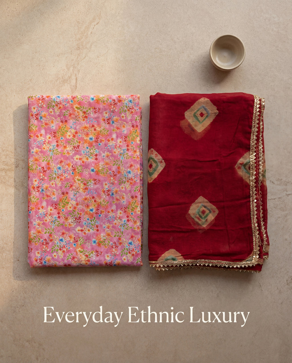 'Gulaabo' - Pink Floral Print Rajputi Suit Set + Deep Maroon Patterned Odhani