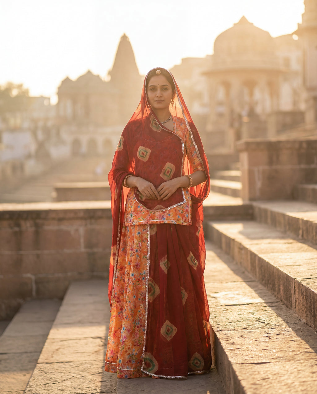 'Kesariya' - Sunset Orange Floral Print Rajputi Suit Set + Deep Maroon Shibori Odhani