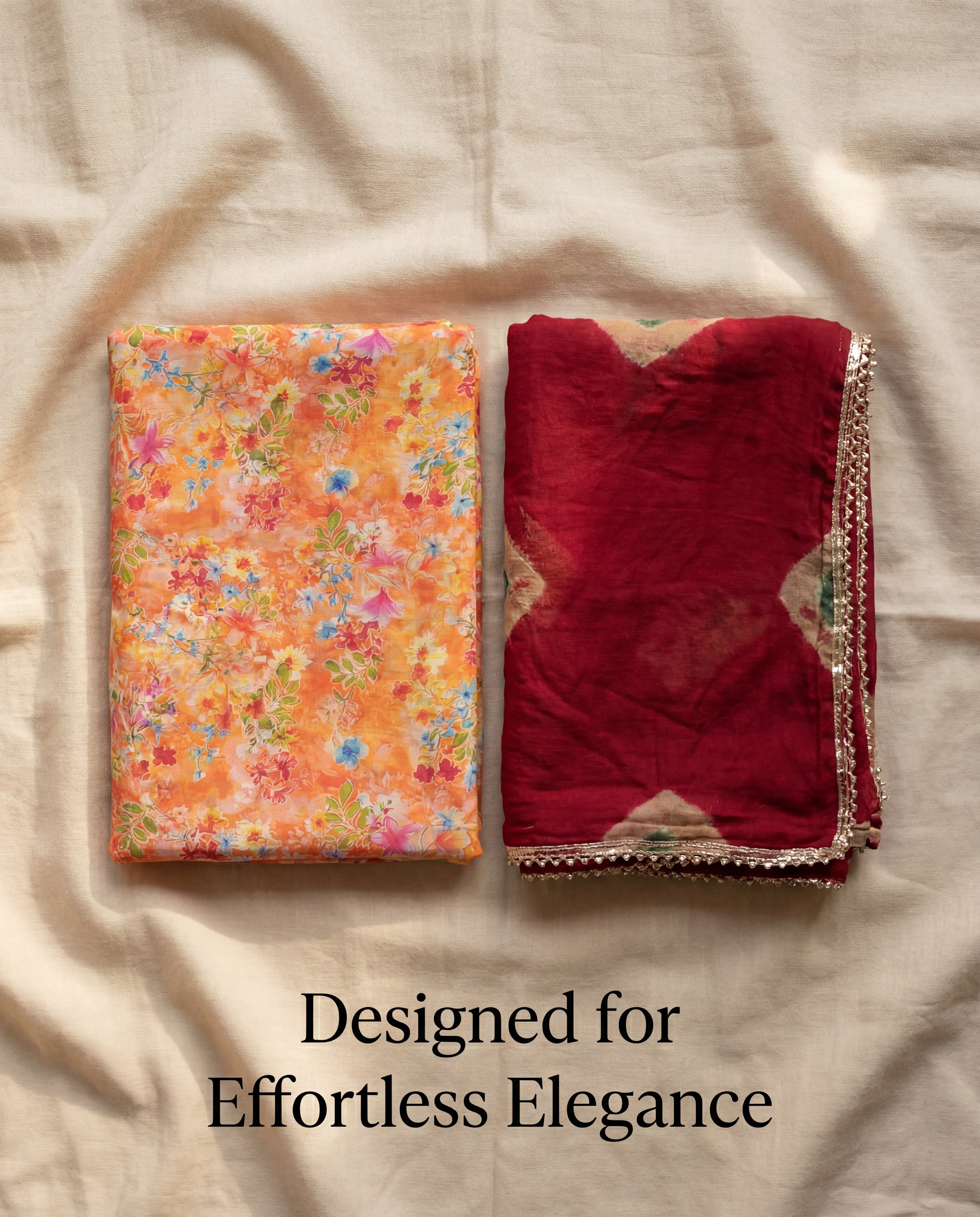 'Kesariya' - Sunset Orange Floral Print Rajputi Suit Set + Deep Maroon Shibori Odhani