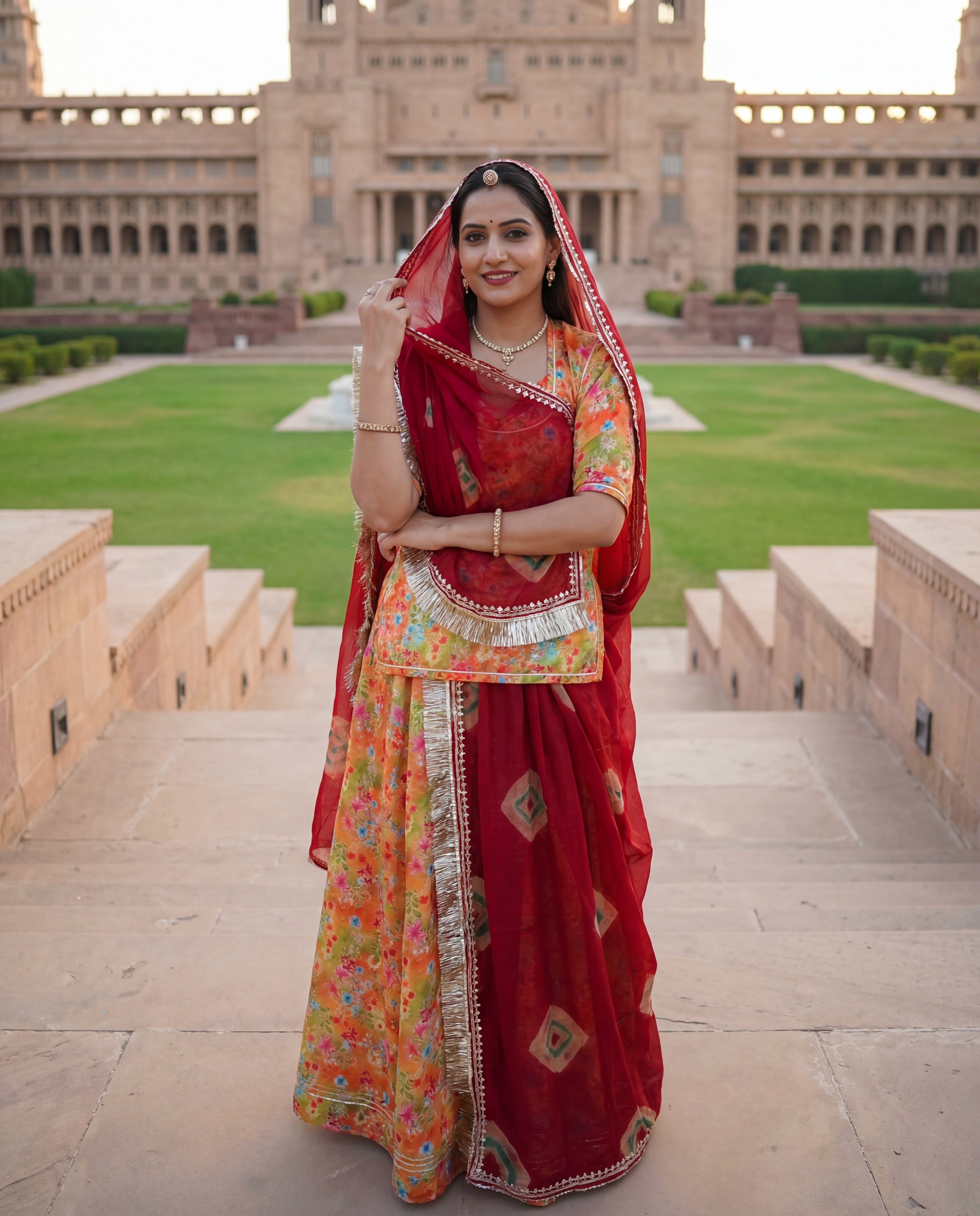 'Kesar' - Mustard Orange Floral Print Rajputi Suit Set + Deep Red Bandhani Odhani