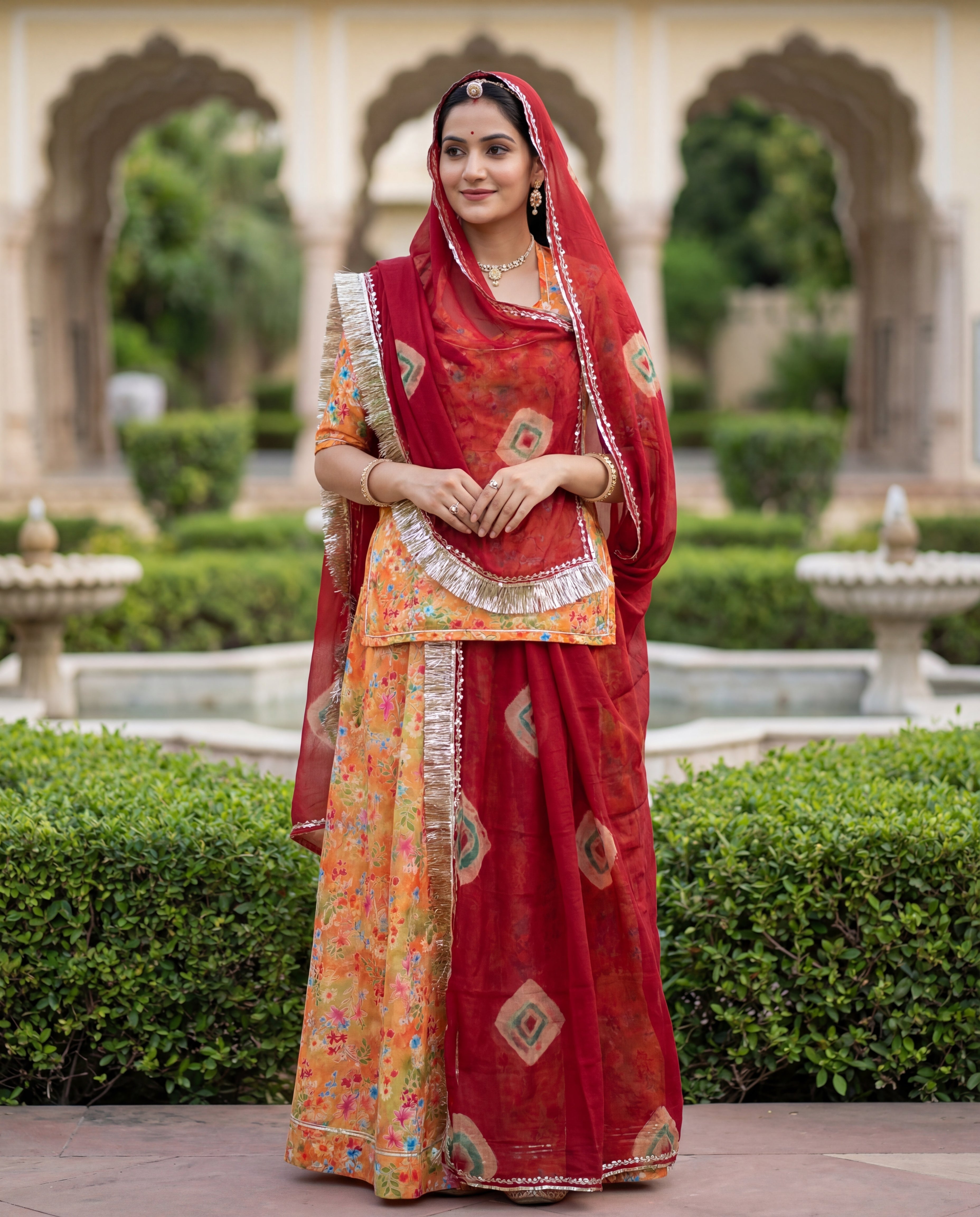 'Kesar' - Mustard Orange Floral Print Rajputi Suit Set + Deep Red Bandhani Odhani