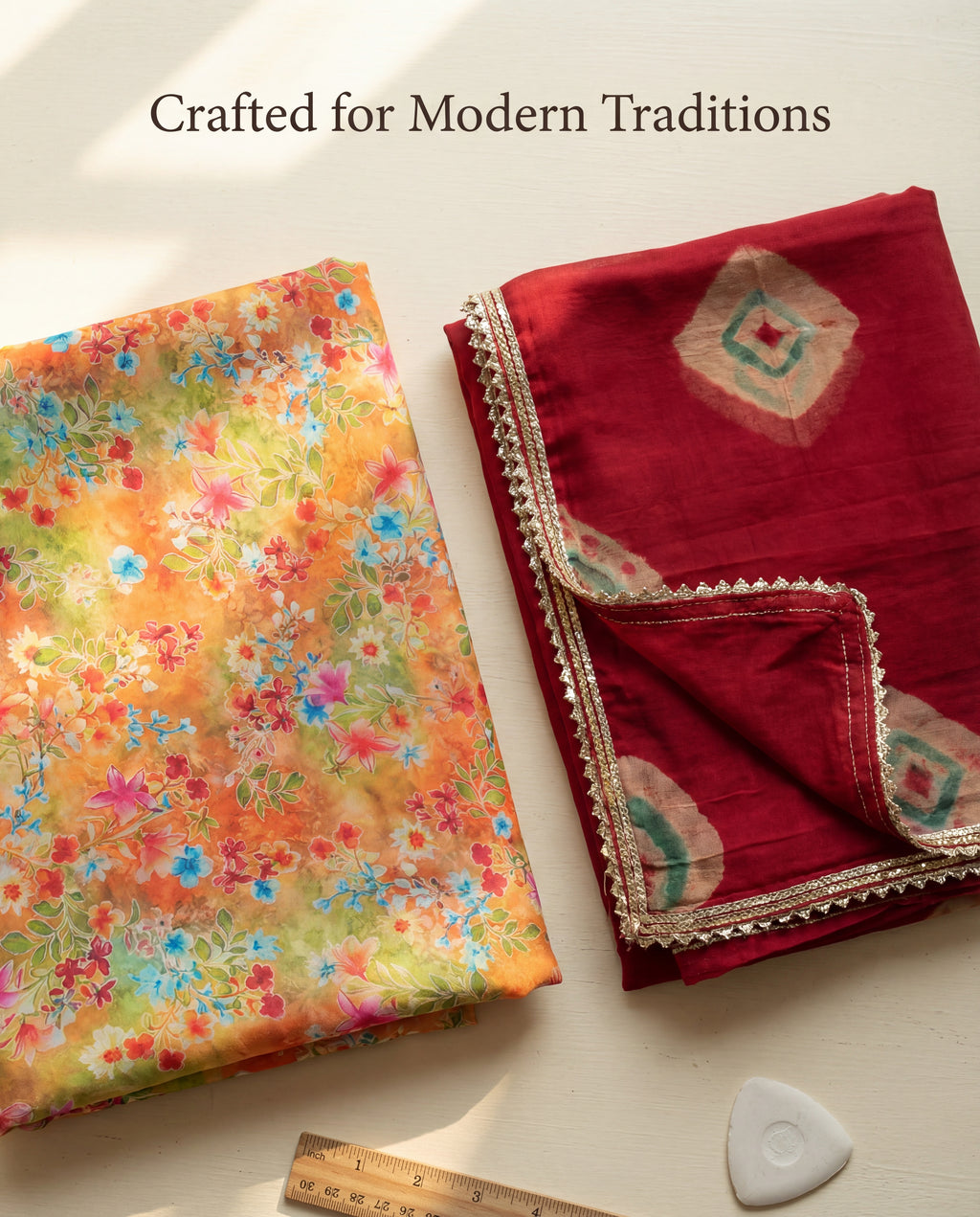 'Kesar' - Mustard Orange Floral Print Rajputi Suit Set + Deep Red Bandhani Odhani