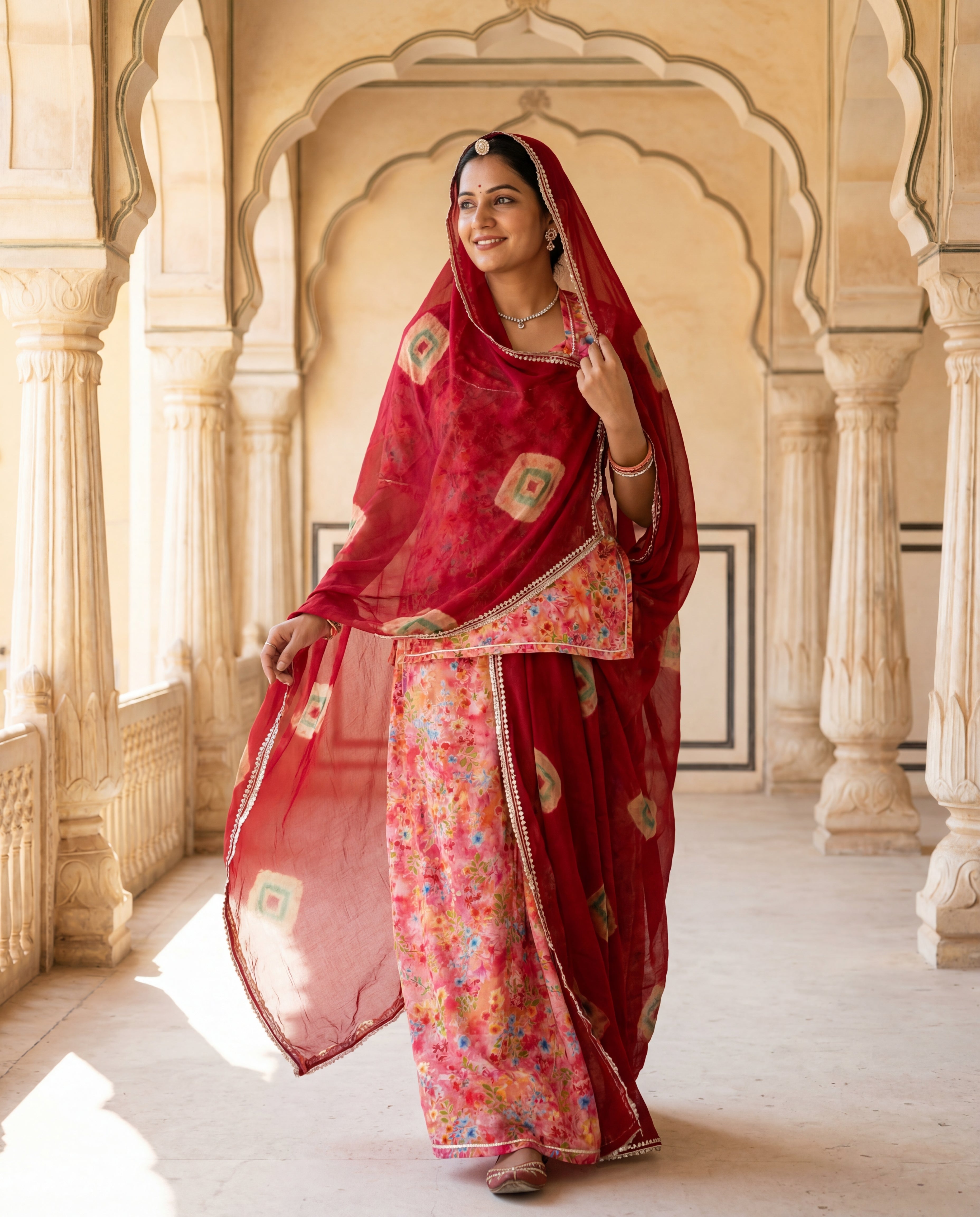 'Gulbahaar' - Peach-Pink Multi Floral Print Rajputi Suit Set + Deep Maroon Bandhej Odhani