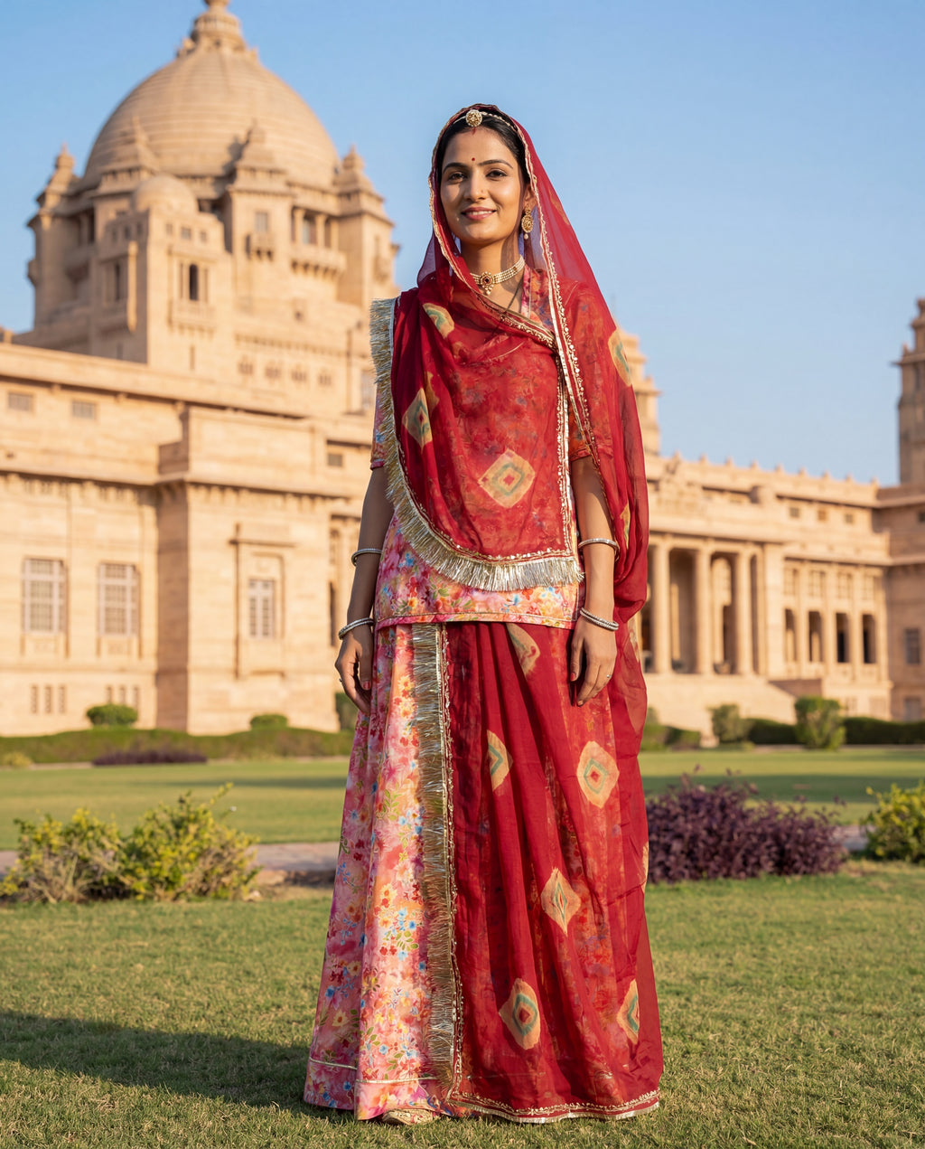 'Gulbahaar' - Peach-Pink Multi Floral Print Rajputi Suit Set + Deep Maroon Bandhej Odhani