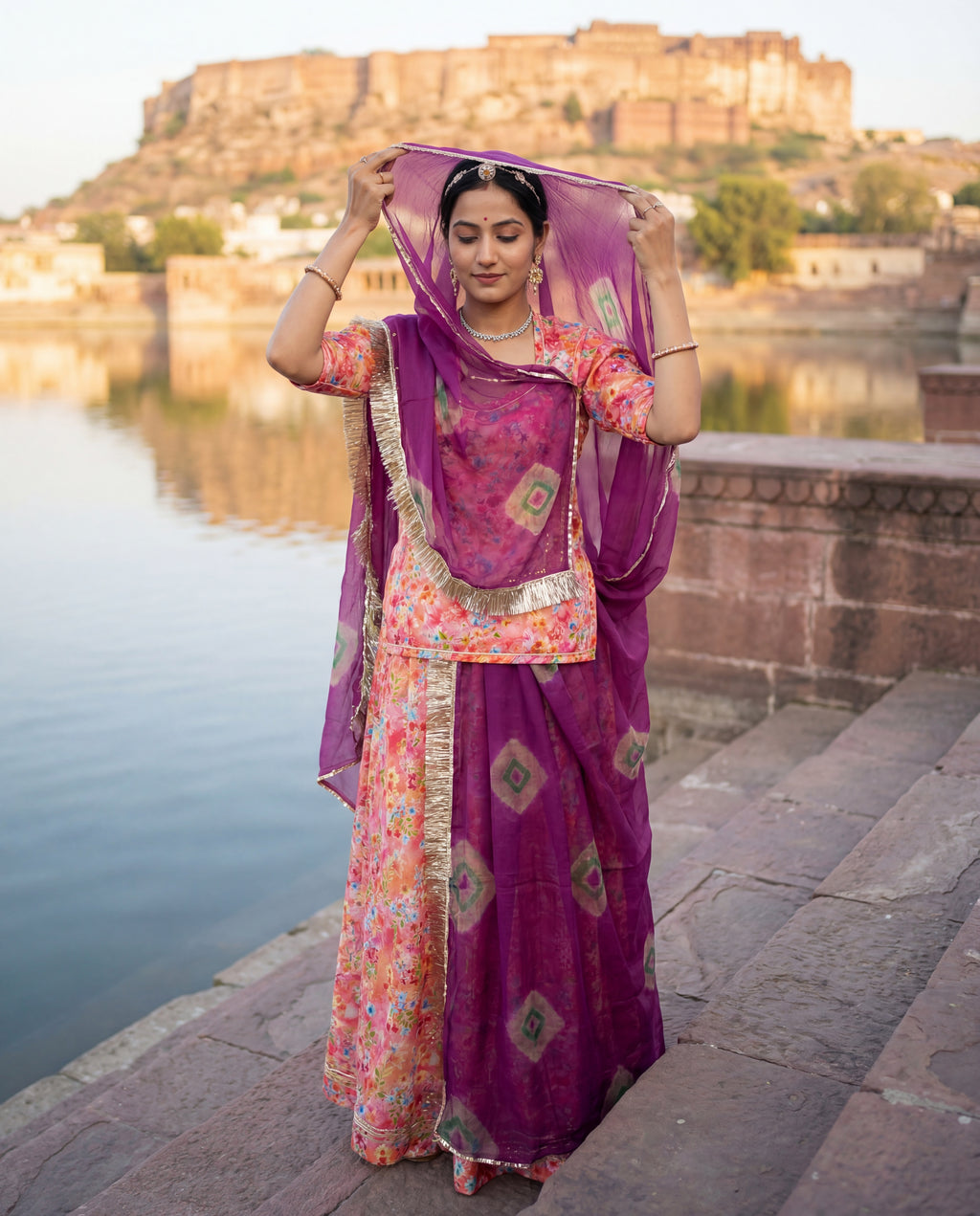 'Jamuni Bagh' - Deep Purple & Peach Floral Print Rajputi Suit Set + Shibori Diamond Odhani
