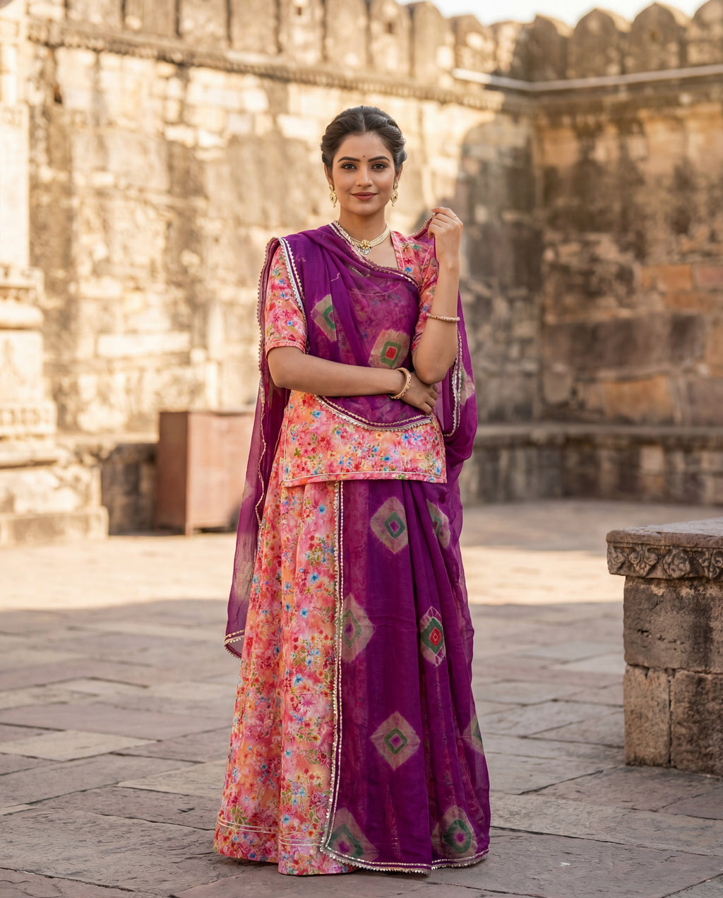 'Jamuni Bagh' - Deep Purple & Peach Floral Print Rajputi Suit Set + Shibori Diamond Odhani