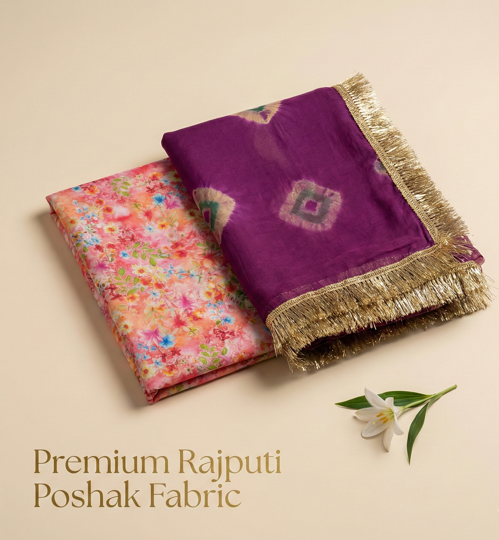 'Jamuni Bagh' - Deep Purple & Peach Floral Print Rajputi Suit Set + Shibori Diamond Odhani