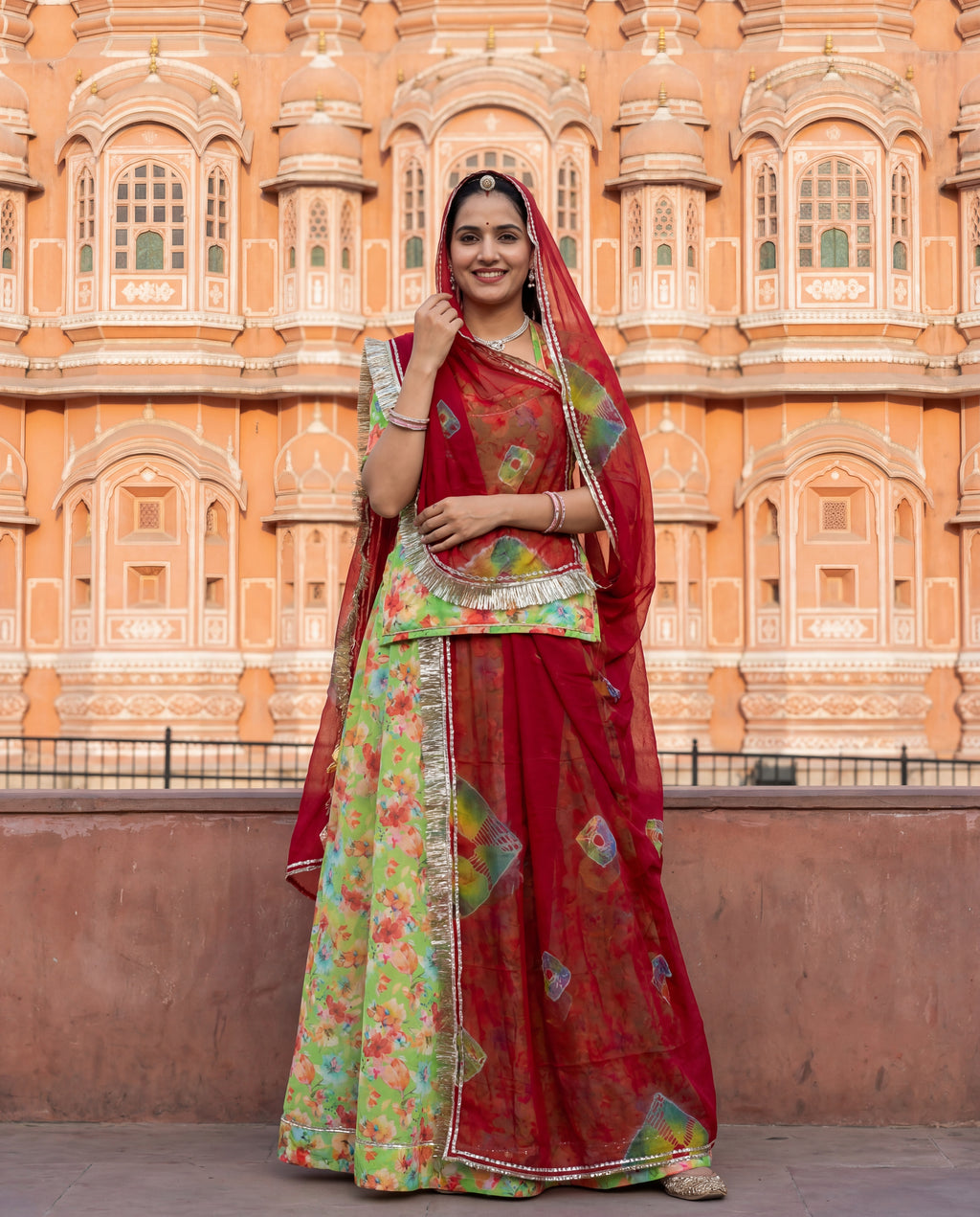 'Panna' - Lime Green Floral Print Rajputi Suit Set + Deep Red Bandhani Odhani