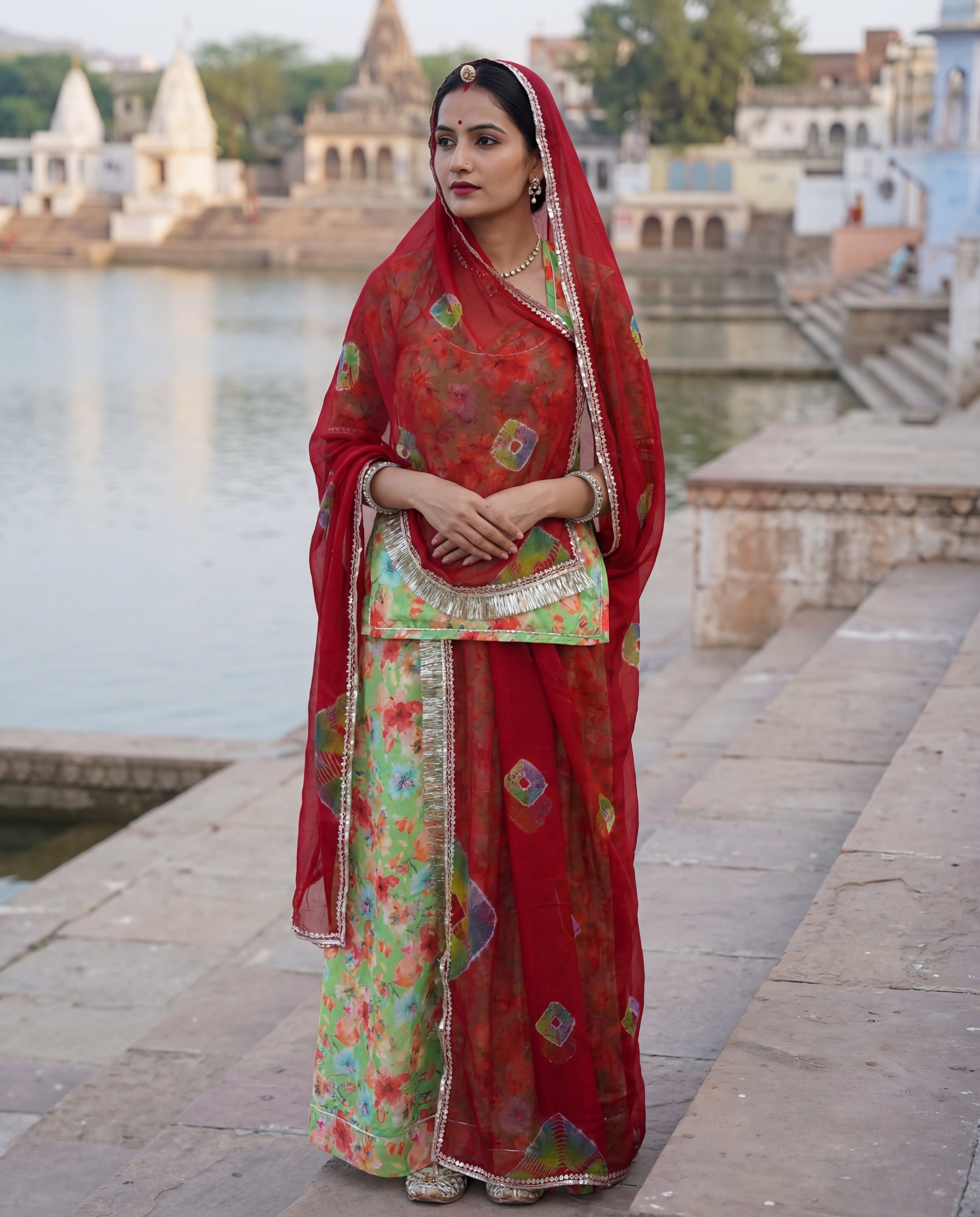 'Panna' - Lime Green Floral Print Rajputi Suit Set + Deep Red Bandhani Odhani