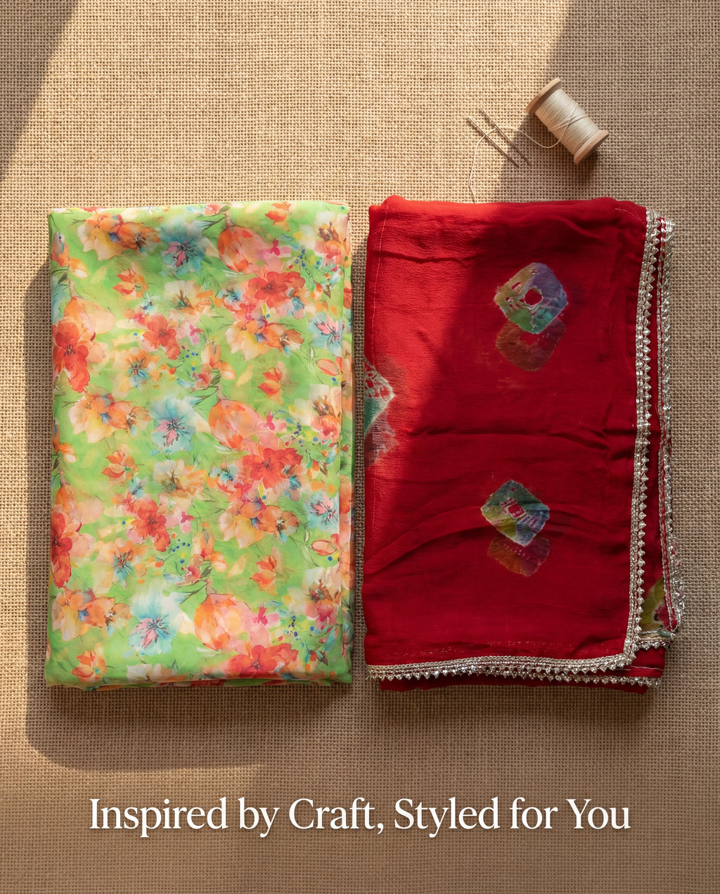 'Panna' - Lime Green Floral Print Rajputi Suit Set + Deep Red Bandhani Odhani