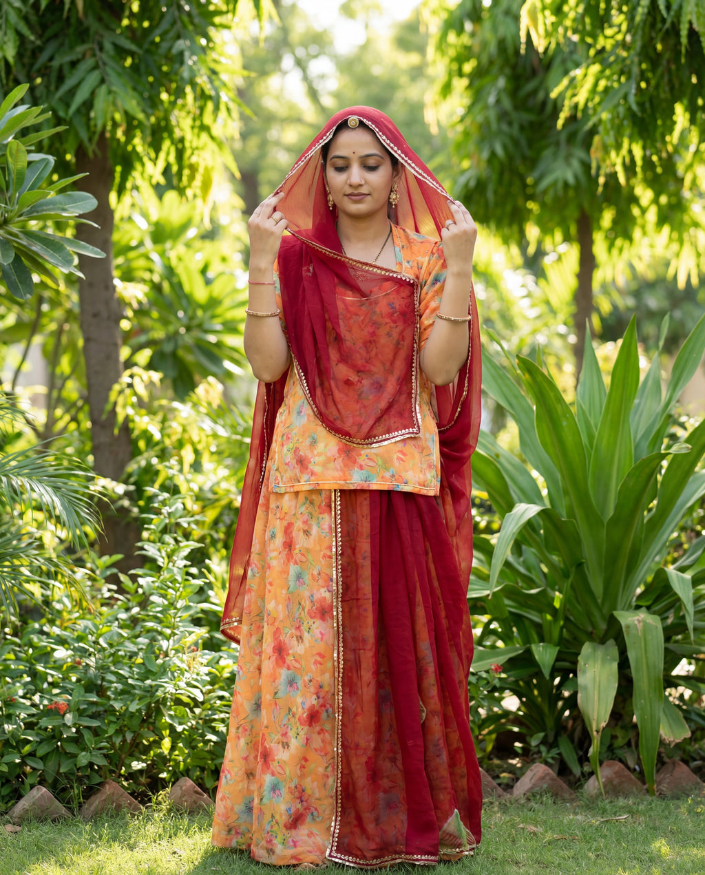 'Kesariya' - Mango Orange Floral Rajputi Suit Set + Deep Red Shibori Odhani