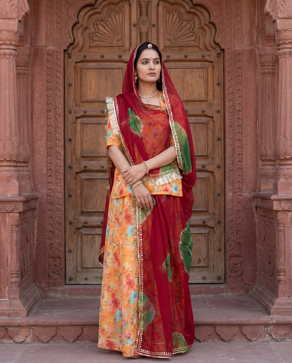 'Kesariya' - Mango Orange Floral Rajputi Suit Set + Deep Red Shibori Odhani