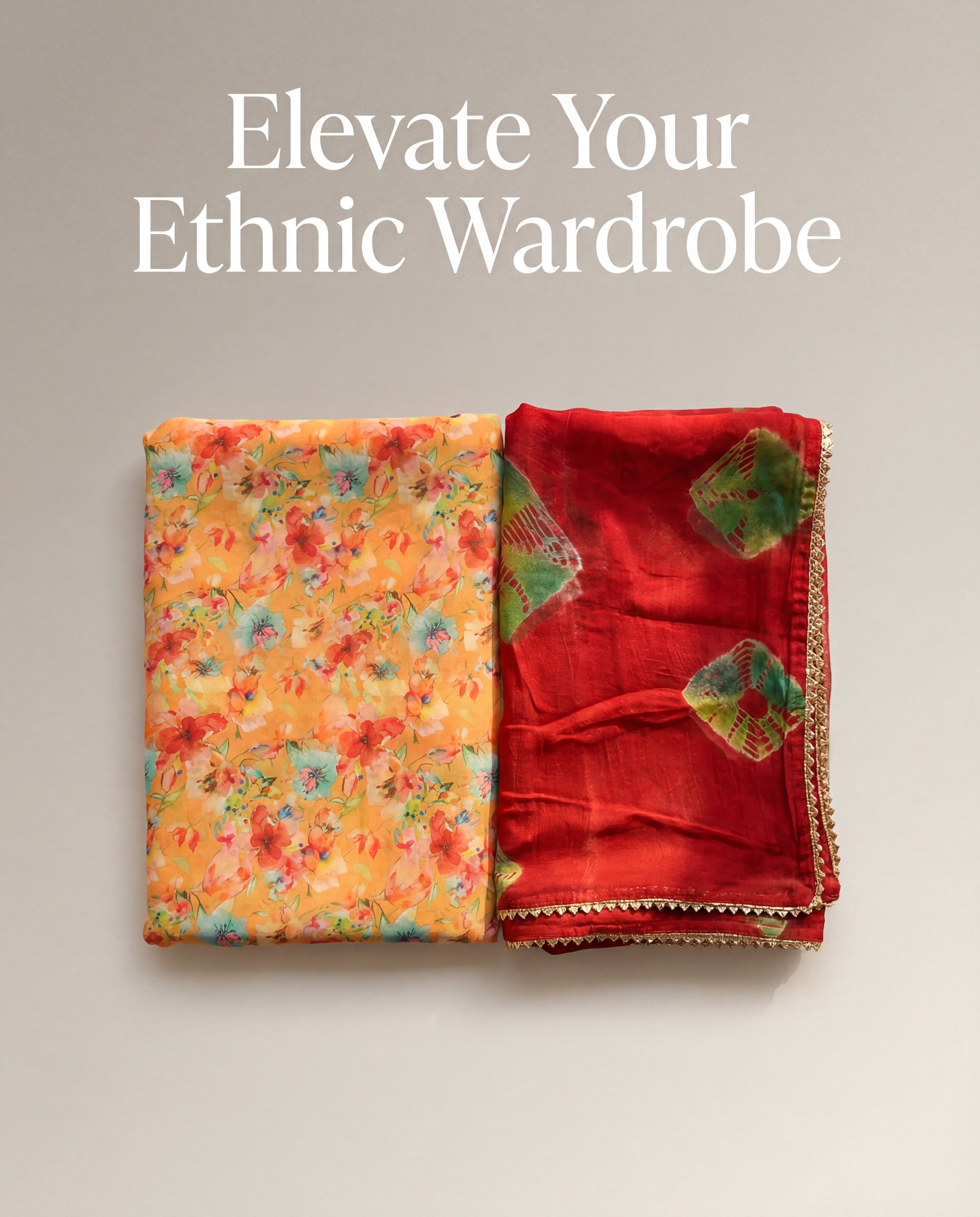 'Kesariya' - Mango Orange Floral Rajputi Suit Set + Deep Red Shibori Odhani