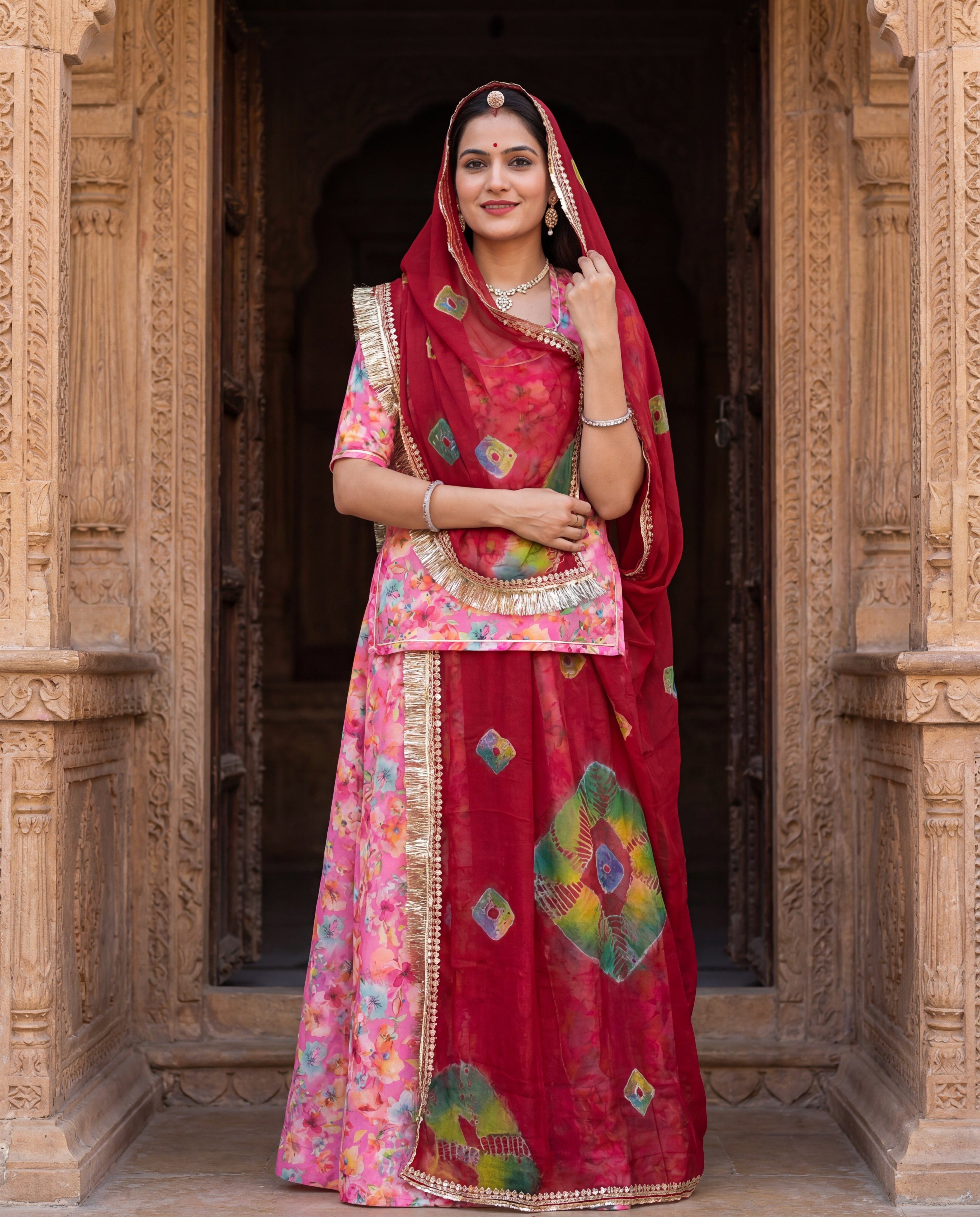 'Gulaabo Bagh' - Hot Pink Floral Print Rajputi Suit Set + Deep Red Bandhani Odhani