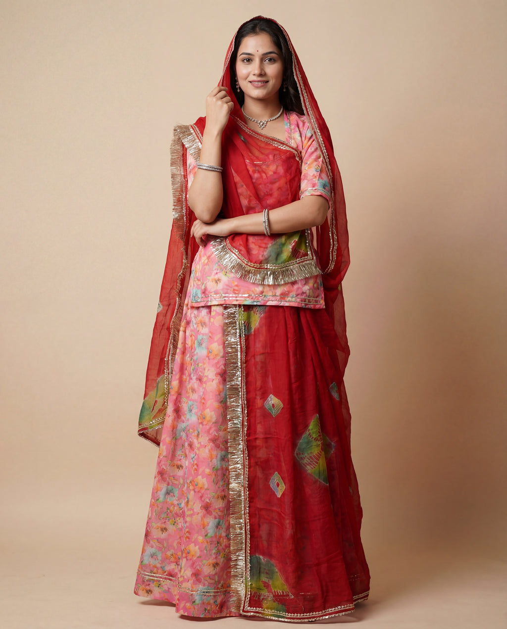 'Gulaabo Bagh' - Hot Pink Floral Print Rajputi Suit Set + Deep Red Bandhani Odhani