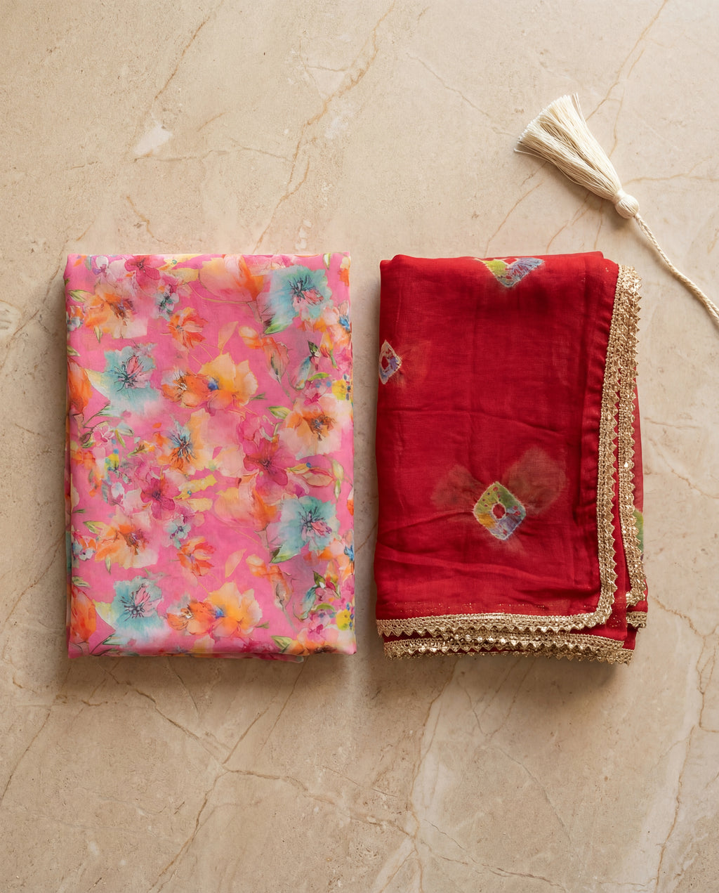 'Gulaabo Bagh' - Hot Pink Floral Print Rajputi Suit Set + Deep Red Bandhani Odhani