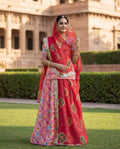 'Gulaabo' - Vibrant Pink Watercolor Floral Rajputi Suit Set + Deep Red Tie-Dye Odhani
